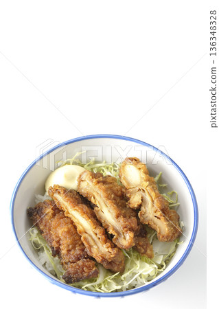 Mayonnaise and fried chicken rice bowl photographed on a white background 136348328