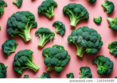 Flat lay pattern of ripe broccoli vegetable, top view summer organic fresh background AI Generative 136348499