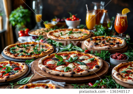 Italian Pizza on decorated table Background, Food Photo for Restaurant Menu. AI Generative 136348517