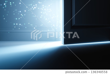 Light Shines Through Slightly Open Door in Dark Room, Concept Background 136348558