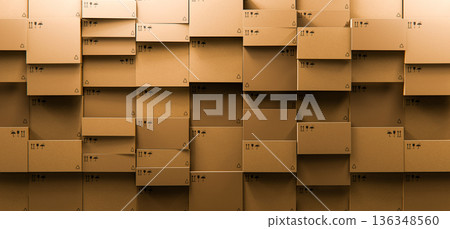 Stacked Cardboard Boxes Wall 3D Render Logistics Warehouse, Concept Background Stacked Cardboard Boxes Wall 3D Render Logistics Warehouse, Concept Background 136348560