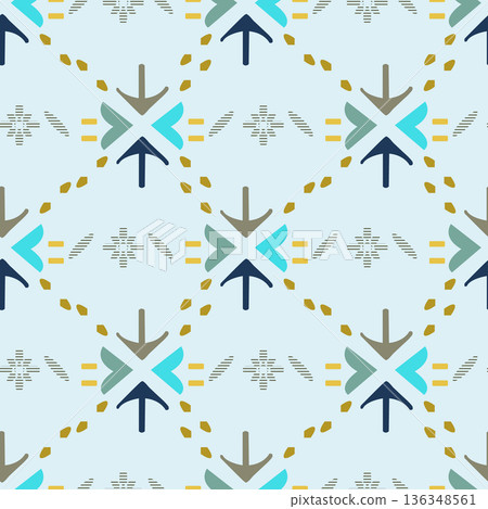 Modern tribal seamless pattern featuring abstract arrows and geometric shapes. High-quality vector background for textiles, wallpaper, and boho decor. Modern tribal seamless pattern featuring abstract arrows and geometric shapes. High-quality vector background for textiles, wallpaper, and boho decor. 136348561