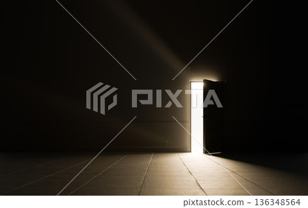 Light Streaming Through an Open Door in a Dark Room at Night 136348564