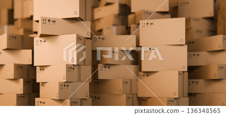 Stacked Cardboard Boxes Concept Background, Logistics Warehouse, 3D Render 136348565