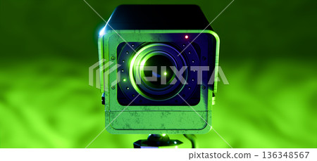 Camera Close-Up Showing Lens and Body in Green Lit Background Camera Close-Up Showing Lens and Body in Green Lit Background 136348567