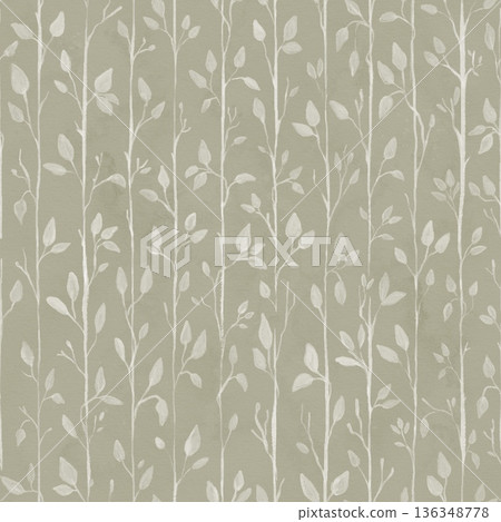 Seamless pattern of delicate, white branches with leaves on a muted gray-green background. Watercolor hand drawn pattern Seamless pattern of delicate, white branches with leaves on a muted gray-green background. Watercolor hand drawn pattern 136348778