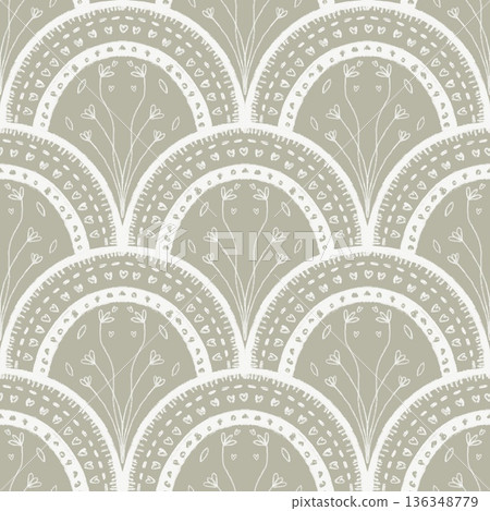 Floral seamless pattern. Hand-drawn scallop pattern in green colors Floral seamless pattern. Hand-drawn scallop pattern in green colors 136348779