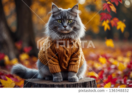 Cat in knitted sweater on autumn forest background, animal in red and yellow foliage AI Generative Cat in knitted sweater on autumn forest background, animal in red and yellow foliage AI Generative 136348832