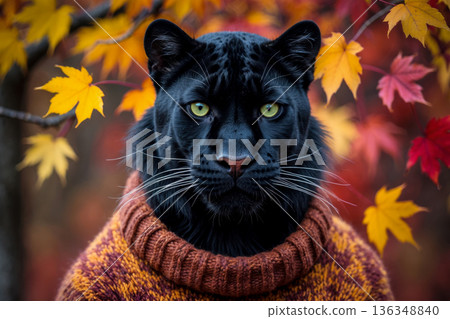 Panther in knitted sweater autumn forest background, animal in red and yellow foliage AI Generative Panther in knitted sweater autumn forest background, animal in red and yellow foliage AI Generative 136348840