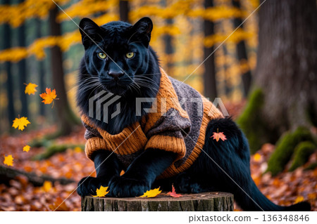 Panther in knitted sweater autumn forest background, animal in red and yellow foliage AI Generative Panther in knitted sweater autumn forest background, animal in red and yellow foliage AI Generative 136348846