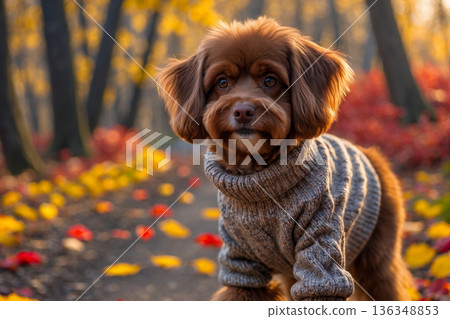 Dog in knitted sweater on autumn forest background, animal in red and yellow foliage AI Generative Dog in knitted sweater on autumn forest background, animal in red and yellow foliage AI Generative 136348853