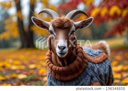 Goat in knitted sweater autumn forest background, animal in red and yellow foliage AI Generative 136348858