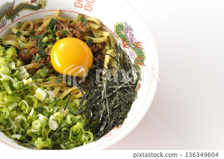 Taiwanese mazesoba photographed on a white background Taiwanese mazesoba photographed on a white background 136349604
