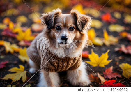 Dog in knitted sweater on autumn forest background, animal in red and yellow foliage AI Generative Dog in knitted sweater on autumn forest background, animal in red and yellow foliage AI Generative 136349662
