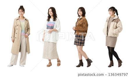 The same Japanese woman in her 20s, four seasonal trend casual clothing variations, full-body cutout PNG, transparent background, young 136349797