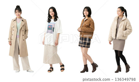 The same Japanese woman in her 20s, four seasonal trend casual clothing variations, full-body cutout PNG, transparent background, young 136349798