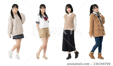一套四位身著水手服和休閒服的日本少女，分別適合春、夏、秋、冬四季穿著。全身鏤空PNG透明圖。 136349799