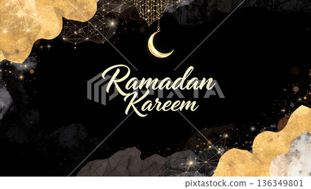Elegant Ramadan Kareem design with gold crescent moon and sparkling decorations on a dark background. 136349801