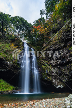 日本島根縣雲南市加溪合町的龍鬚瀑布和秋葉 136349933
