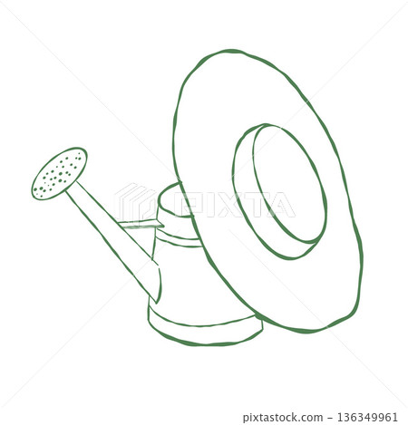 A watering can and a hat. Vector outline illustration in green. Gardening concept. Spring and summer clip art isolated on a white background.  136349961