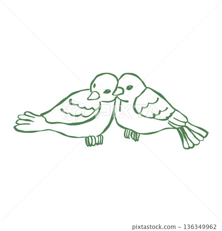 Sparrow couple sitting on electric cable, wire. Little small European birds perched together on power line. Cute romantic urban songbirds. Flat vector illustration isolated on white background. Vector 136349962