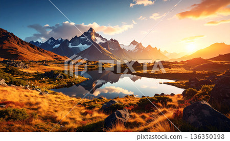 Natural landscapes sunset view. encompassing mountains, lakes, and rivers. AI Generated. 136350198