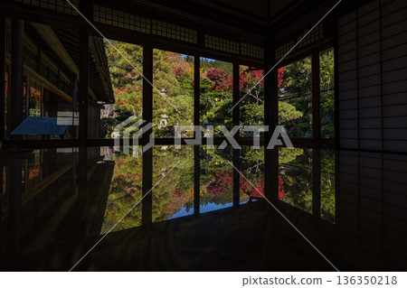 The Ishitani family garden and autumn leaves seen from the living room of the Ishitani family residence in Chizu Town, Yazu District, Tottori Prefecture, Japan The Ishitani family garden and autumn leaves seen from the living room of the Ishitani family residence in Chizu Town, Yazu District, Tottori Prefecture, Japan 136350218