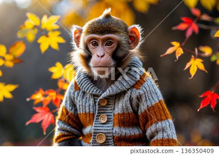 Monkey in knitted sweater autumn forest background, animal in red and yellow foliage AI Generative 136350409