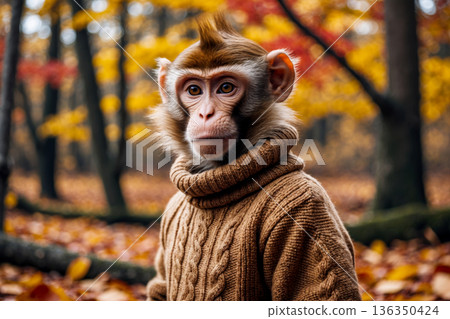 Monkey in knitted sweater autumn forest background, animal in red and yellow foliage AI Generative Monkey in knitted sweater autumn forest background, animal in red and yellow foliage AI Generative 136350424