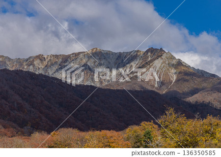 日本鳥取縣日野郡甲府町奧大井山滑雪場的秋葉,背景可見大山。 日本鳥取縣日野郡甲府町奧大井山滑雪場的秋葉,背景可見大山。 136350585