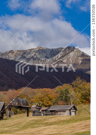 日本鳥取縣日野郡甲府町奧大井山滑雪場的秋葉,背景可見大山。 日本鳥取縣日野郡甲府町奧大井山滑雪場的秋葉,背景可見大山。 136350586