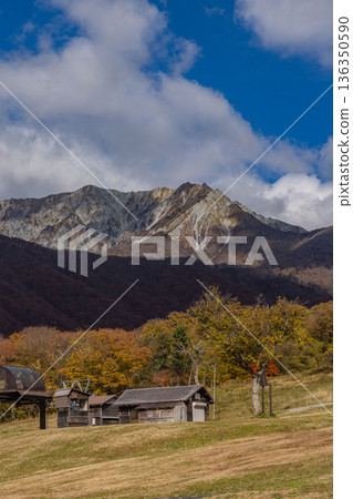 Autumn leaves at Okudaisen Ski Resort in Kofu Town, Hino District, Tottori Prefecture, Japan, with Mt. Daisen visible in the background Autumn leaves at Okudaisen Ski Resort in Kofu Town, Hino District, Tottori Prefecture, Japan, with Mt. Daisen visible in the background 136350590