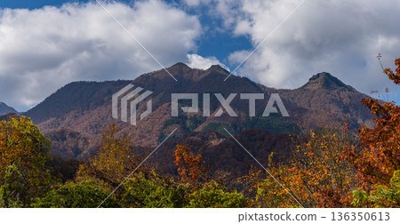 View of Mt. Daisen and autumn leaves from the Ikkogahira Observation Parking Lot in Sekigane-cho, Kurayoshi City, Tottori Prefecture, Japan 136350613