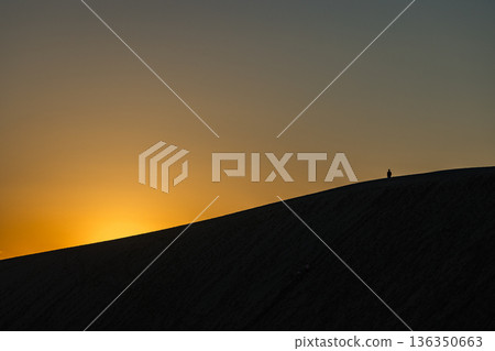 Horseback and the setting sun at Tottori Sand Dunes in Fukube-cho, Tottori City, Tottori Prefecture, Japan Horseback and the setting sun at Tottori Sand Dunes in Fukube-cho, Tottori City, Tottori Prefecture, Japan 136350663