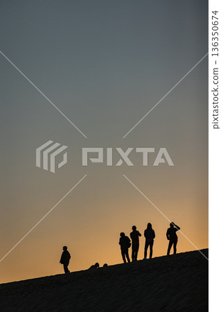 日本鳥取縣鳥取市福町鳥取沙丘，夕陽西下，騎馬的人們身影映襯著鳥取沙丘的壯麗景色。 136350674