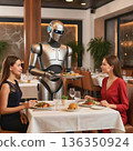 Robot waiter serving food to two diners in a restaurant. Futuristic robot waiter holds a food plate in a restaurant setting. Generative AI. 136350924