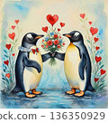 AI Generative. A romantic encounter. A penguin gives his girlfriend a bouquet of flowers. Concept of love. Watercolor illustration style. 136350929