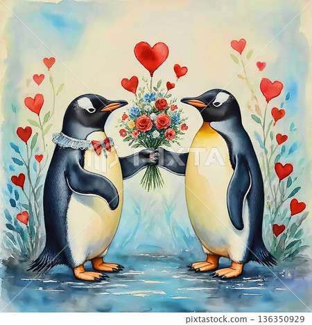 AI Generative. A romantic encounter. A penguin gives his girlfriend a bouquet of flowers. Concept of love. Watercolor illustration style. 136350929