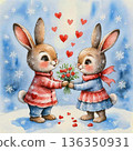 AI Generative. A romantic encounter. A rabbit gives his girlfriend a bouquet of flowers. Concept of love. Watercolor illustration style. 136350931