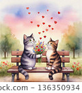 AI Generative. A romantic encounter on a park bench. A cat gives his girlfriend a bouquet of flowers. Concept of love. Watercolor illustration style. 136350934