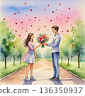 AI Generative. A romantic encounter on a park path. A young man gives a girl flowers. Concept of love. Watercolor illustration style. 136350937