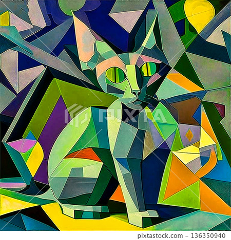 Mysterious cat, abstract surreal painting.  AI generative. 136350940