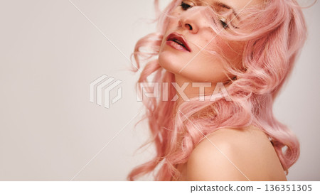 Soft Pastel Beauty Portrait Caucasian Woman With Pink Hair, Avantgarde Model, Tender Soft Girl, Windswept Curls, Glossy Lips, Dewy Skin, Intimate Closeup, Sensual Gaze, Delicate Texture And Trendy 136351305