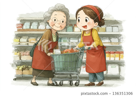 Female helper accompanies elderly woman shopping | Image of care support and daily assistance 136351306