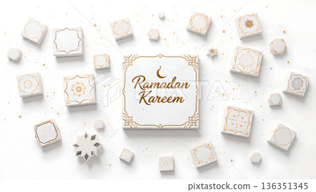Festive Ramadan Kareem design featuring geometric tiles and a crescent moon. Ideal for greeting cards and social media posts. Festive Ramadan Kareem design featuring geometric tiles and a crescent moon. Ideal for greeting cards and social media posts. 136351345