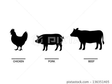 雞、豬和牛的剪影插圖。牛肉、豬肉、雞肉。簡潔的圖標素材。 136351405