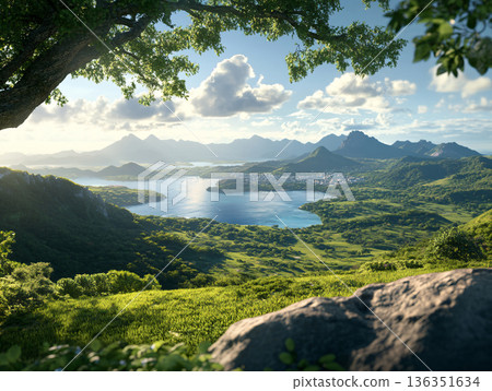 A stunning panoramic view of a tropical coastal city. Landscapes background. AI Generated. 136351634