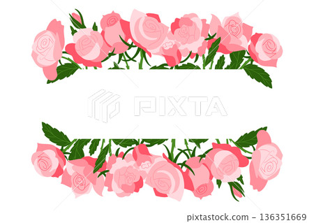 Hand drawn vector floral frame with pink roses and green leaves arranged as top and bottom borders isolated on white background. This illustration represents love, romance, wedding design Hand drawn vector floral frame with pink roses and green leaves arranged as top and bottom borders isolated on white background. This illustration represents love, romance, wedding design 136351669