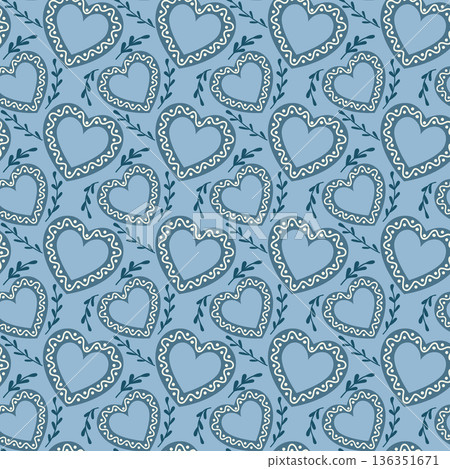 Hand drawn vector seamless pattern with blue folk style hearts and decorative branches on pastel background. This illustration represents love, wedding tradition, romance and decorative textile 136351671