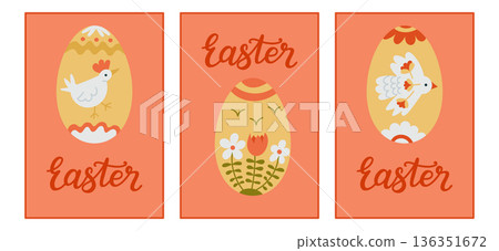 Hand drawn vector set of easter posters with decorated eggs, chicken and floral elements in warm pastel colors. This illustration represents easter celebration, spring holiday, tradition 136351672